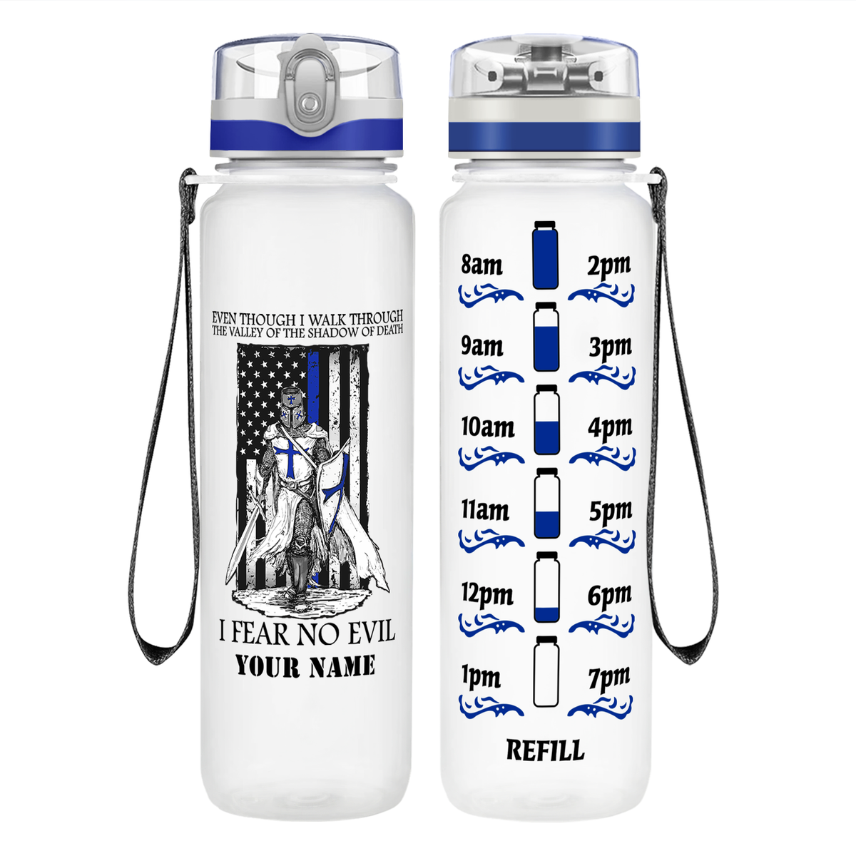 Personalized Thin Blue Line Police Knight on 32 oz Motivational Tracking Water Bottle