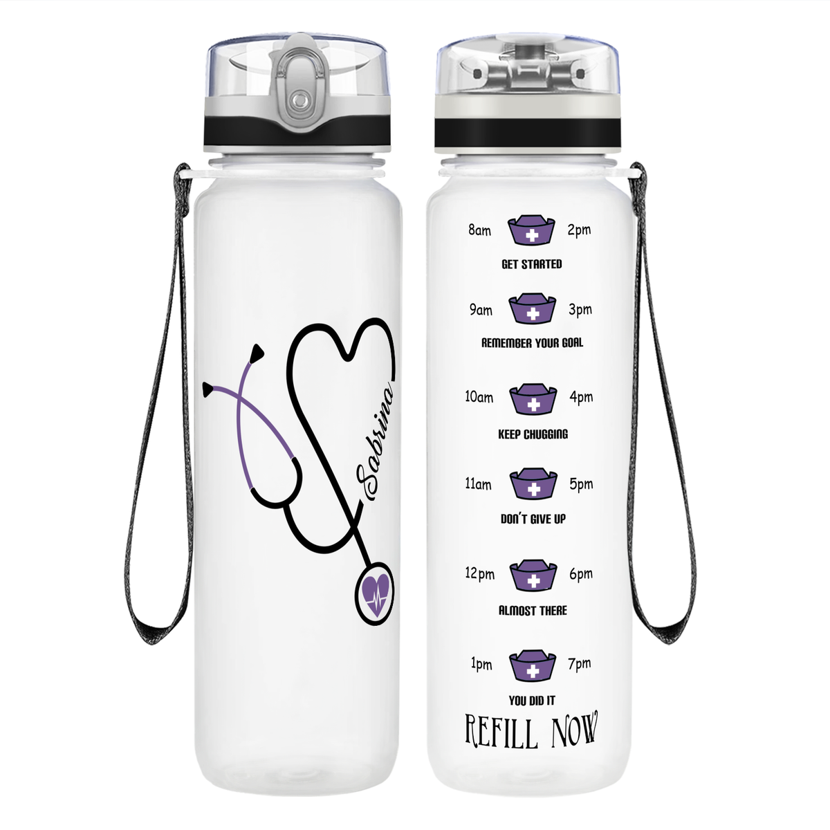 Personalized Nurse Water Bottle Stethoscope Purple 32oz Motivational Tracking Bottle