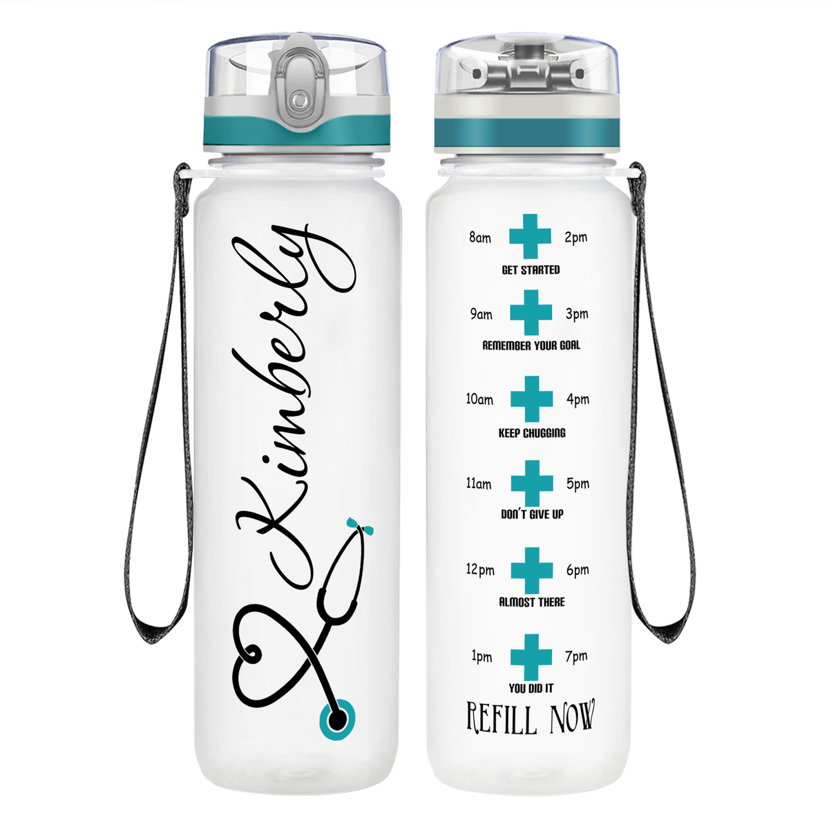 Personalized Nurse Heart Aqua Stethoscope on 32oz Motivational Tracking Water Bottle
