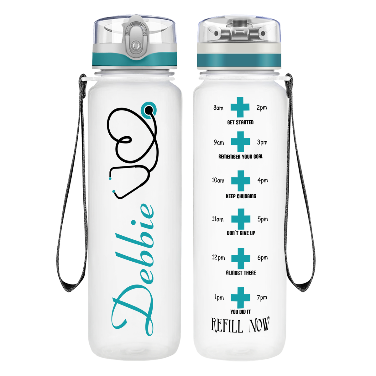 Personalized Nurse Name Aqua Stethoscope  on 32oz Motivational Tracking Water Bottle