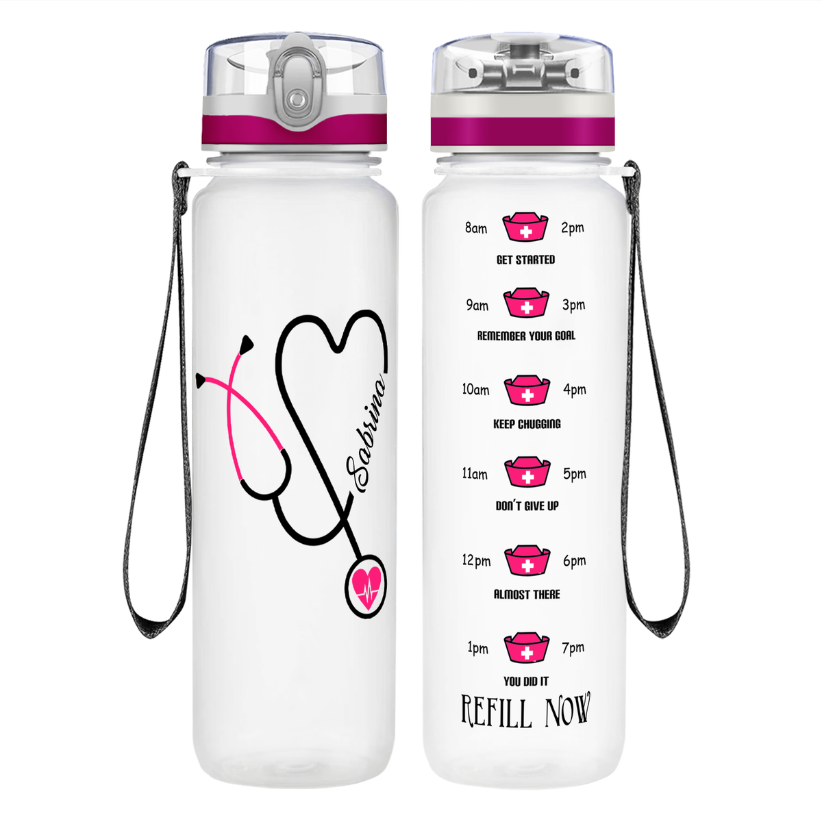 Personalized Nurse Pink Stethoscope Heart on 32oz Motivational Water Bottle
