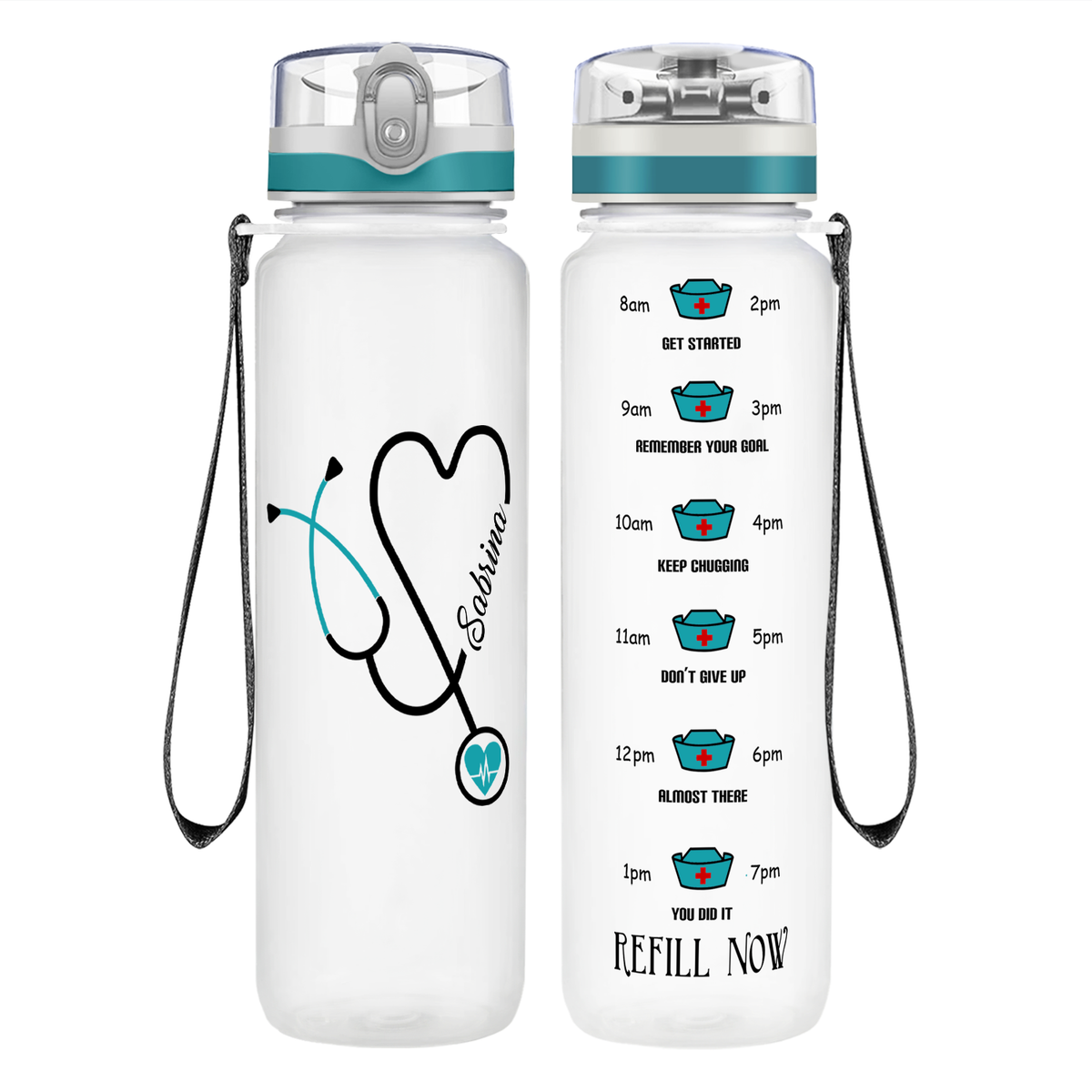 Personalized Nurse Water Bottle Green Stethoscope Heart on 32oz Motivational Tracking Water Bottle