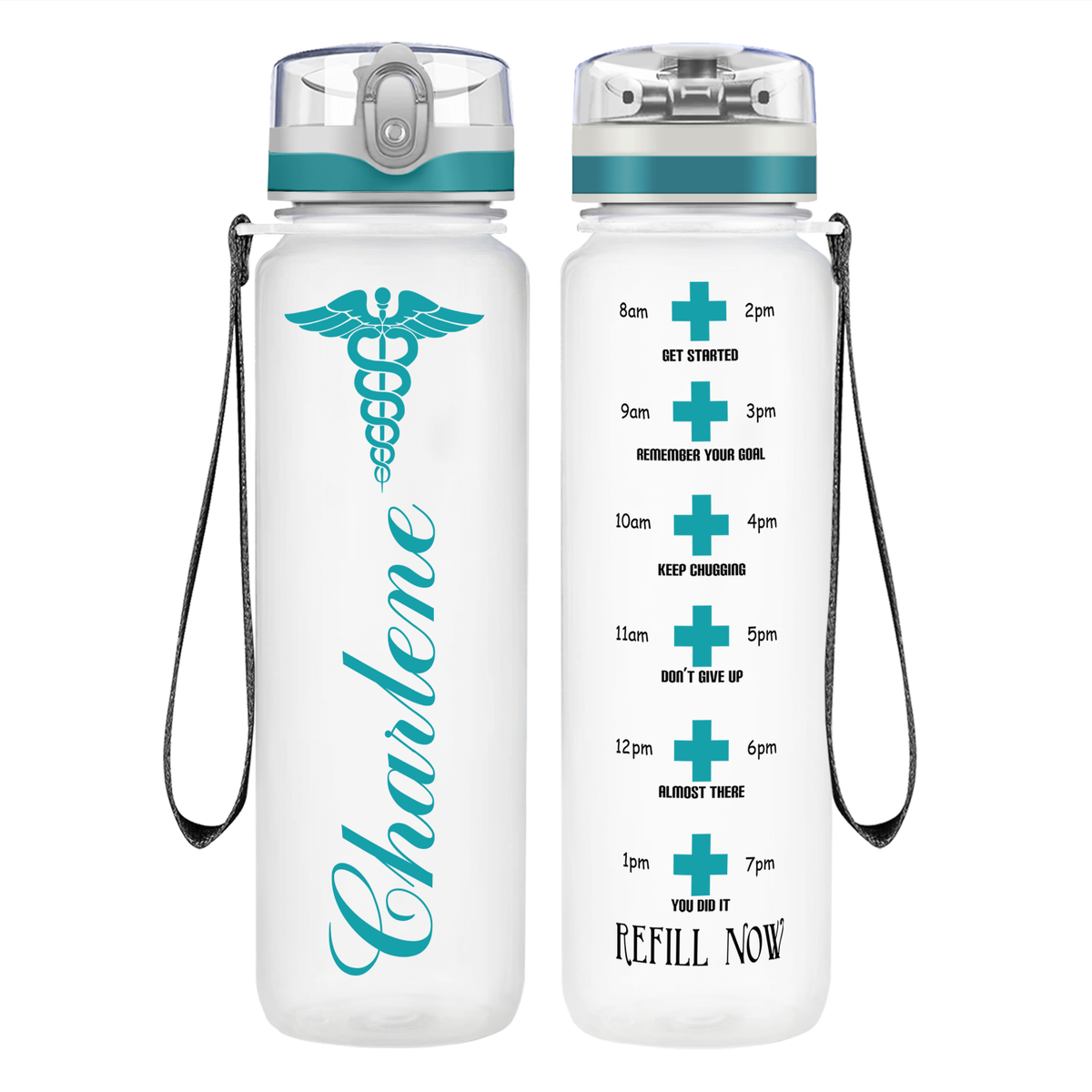Personalized Nurse Caduceus on 32oz Motivational Tracking Water Bottle
