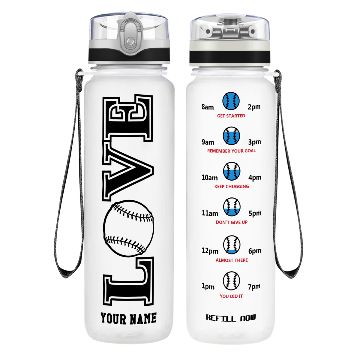 Personalized LOVE Baseball on 32 oz Motivational Tracking Water Bottle