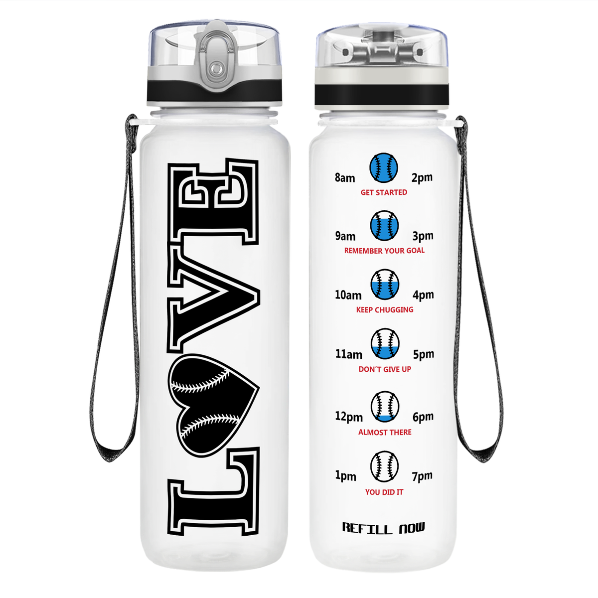 LOVE Baseball Heart on 32 oz Motivational Tracking Water Bottle