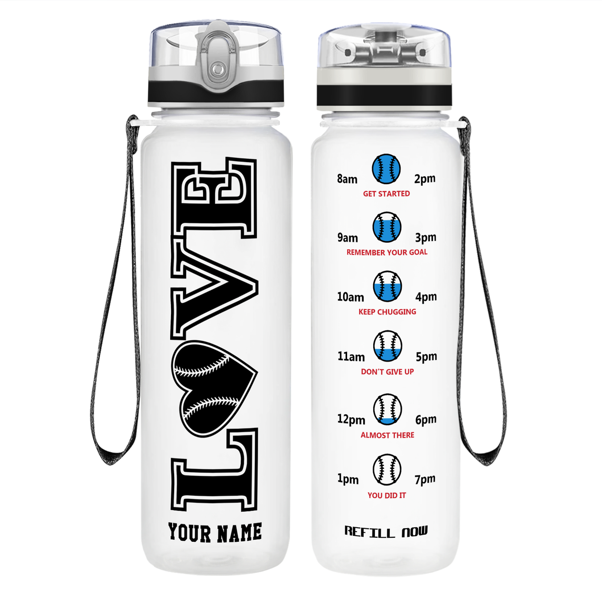 Personalized LOVE Baseball Heart on 32 oz Motivational Tracking Water Bottle