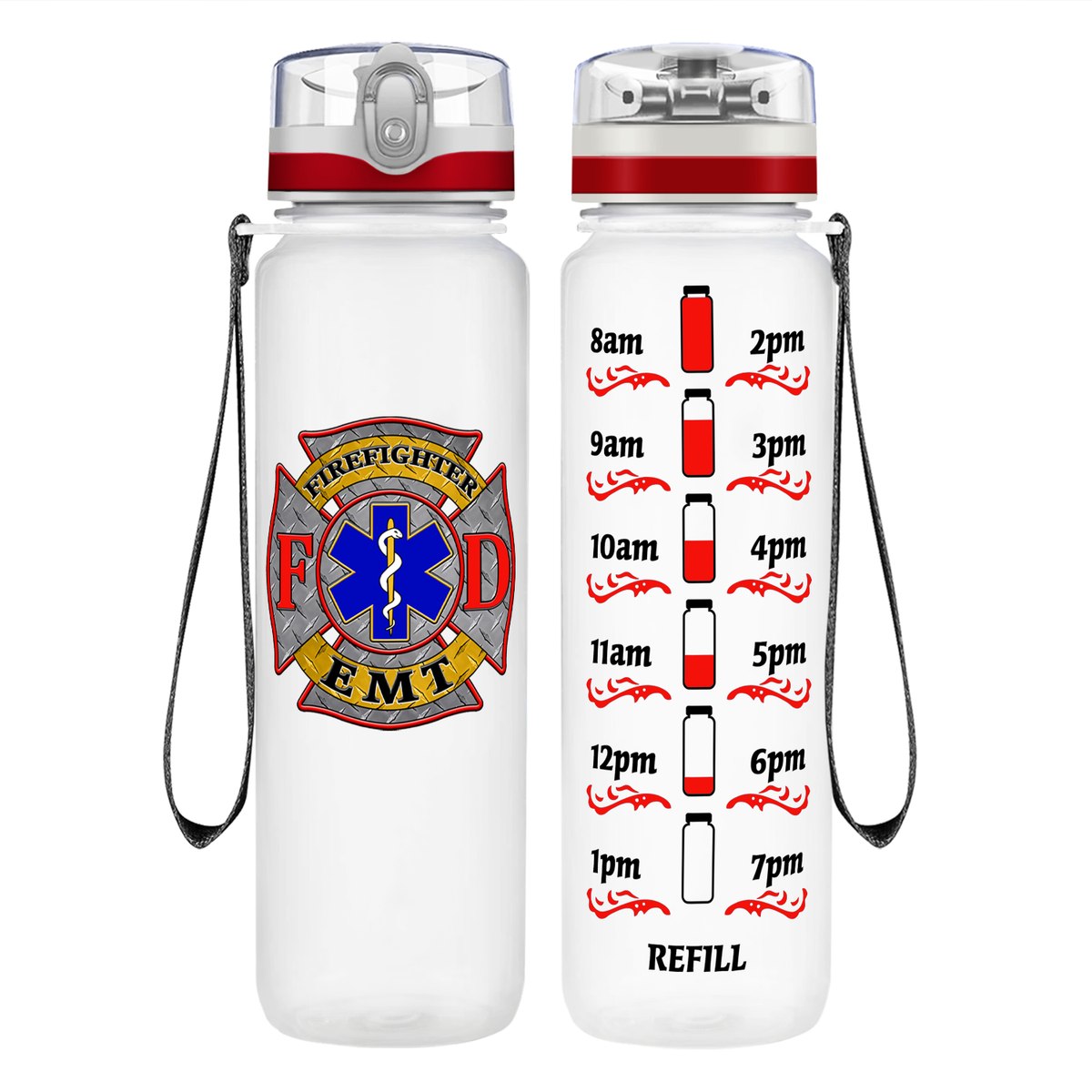 EMT Firefighter FD Badge on 32 oz Motivational Tracking Water Bottle
