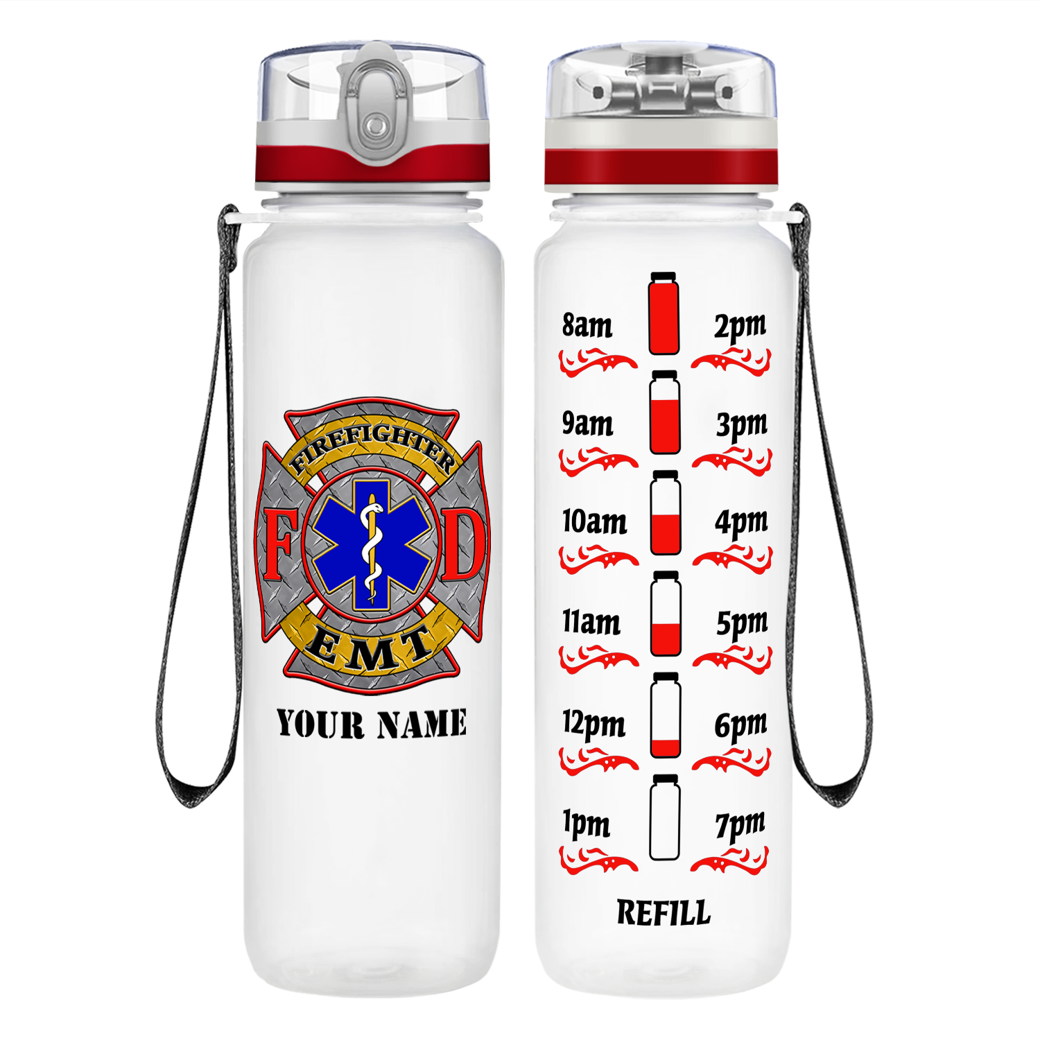Personalized EMT Firefighter FD Badge on 32 oz Motivational Tracking Water Bottle