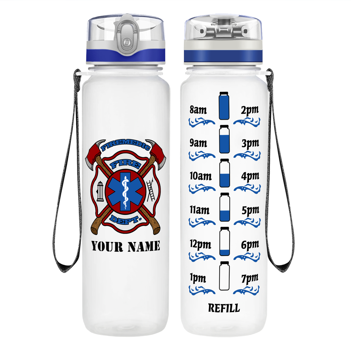 Personalized Firemedic Fire Department Badge on 32 oz Motivational Tracking Water Bottle