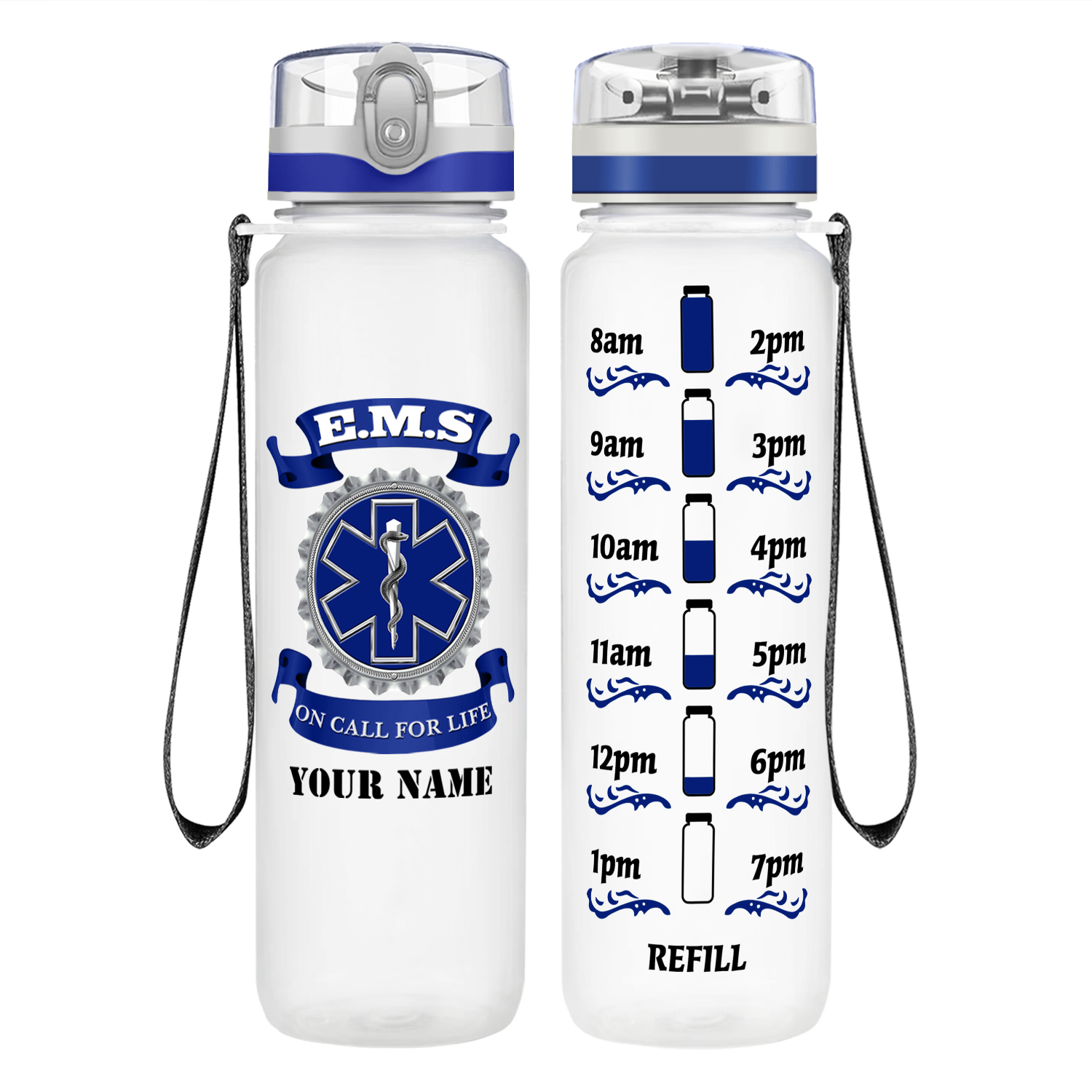 Personalized EMS Blue on Call for LIFE on 32 oz Motivational Tracking Water Bottle