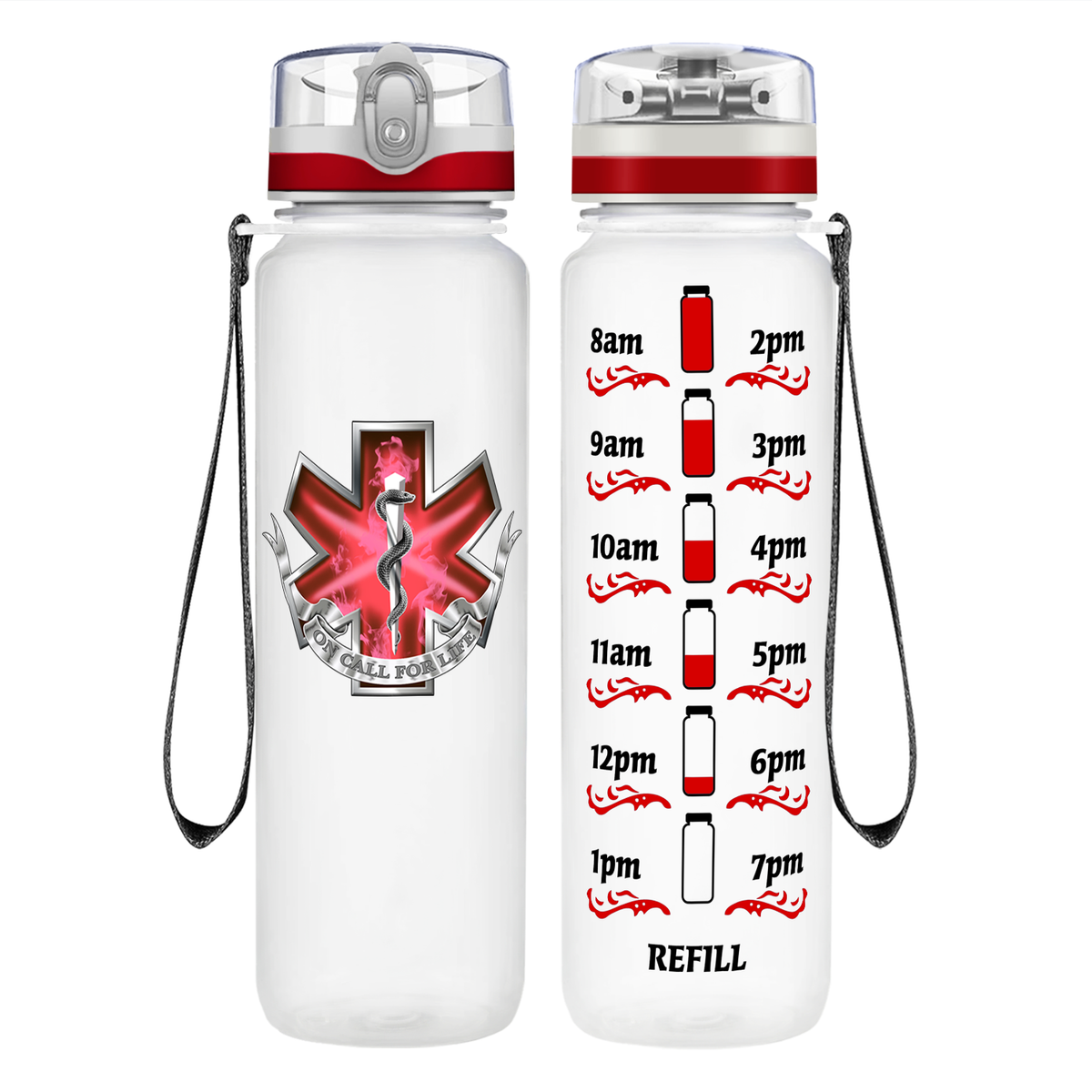 EMT EMS On Call for Life Red Badge on 32 oz Motivational Tracking Water Bottle
