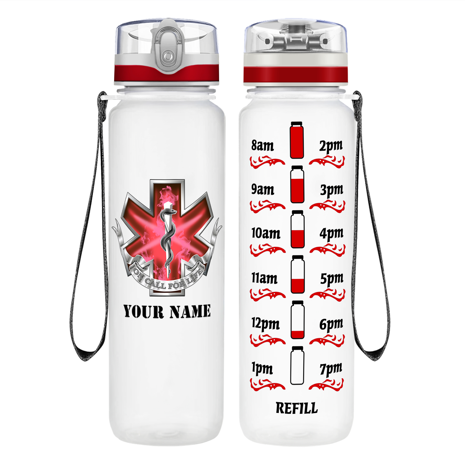 Personalized EMT EMS On Call for Life Red Badge on 32 oz Motivational Tracking Water Bottle