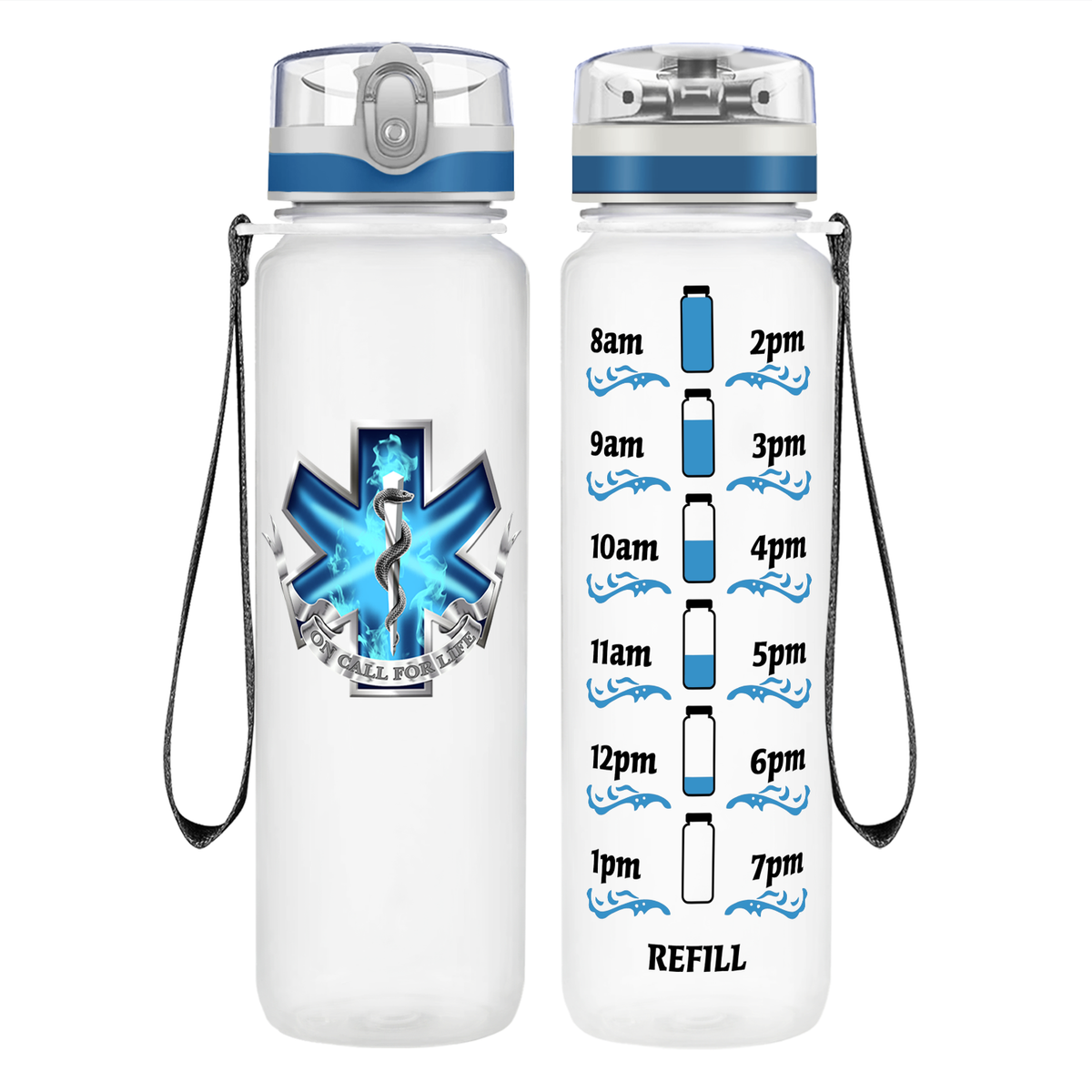 EMT EMS On Call for Life Blue Badge on 32 oz Motivational Tracking Water Bottle