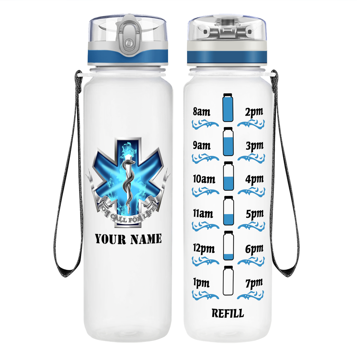 Personalized EMT EMS On Call for Life Blue Badge on 32 oz Motivational Tracking Water Bottle