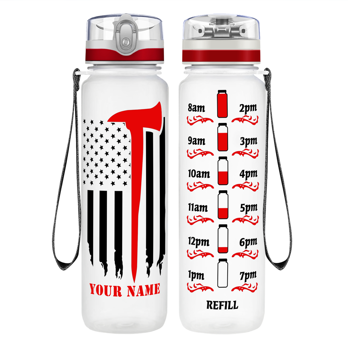 Personalized Firefighter Axe Flag on 32 oz Motivational Tracking Water Bottle