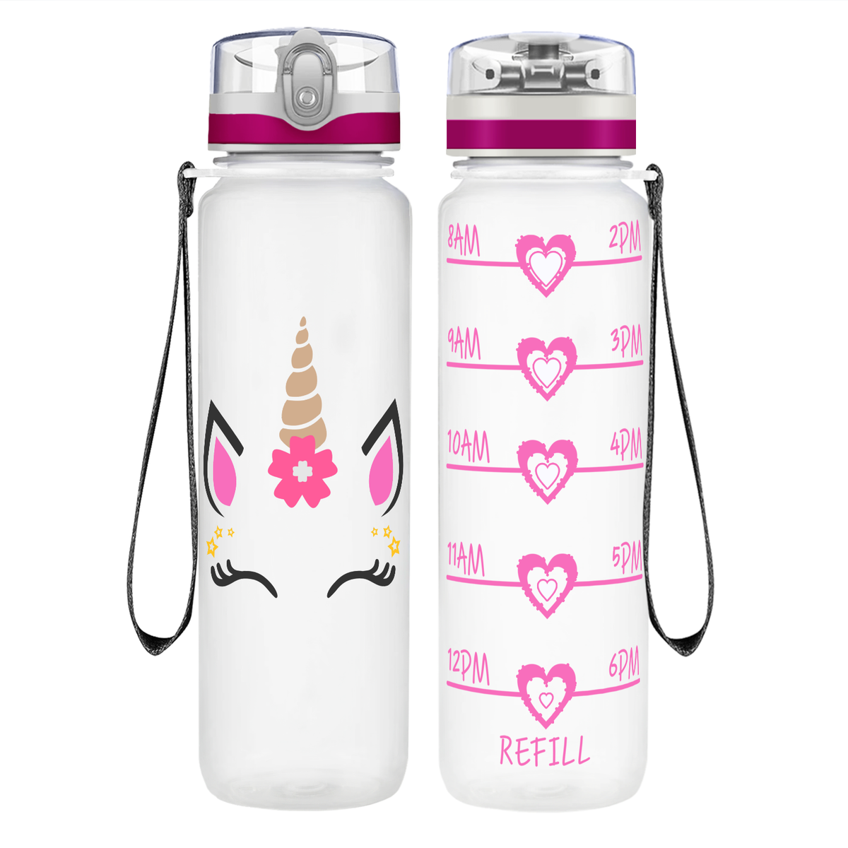 Unicorn Pink Face on 32 oz Motivational Tracking Water Bottle
