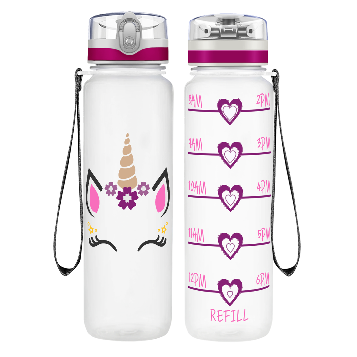Unicorn Purple Face on 32 oz Motivational Tracking Water Bottle
