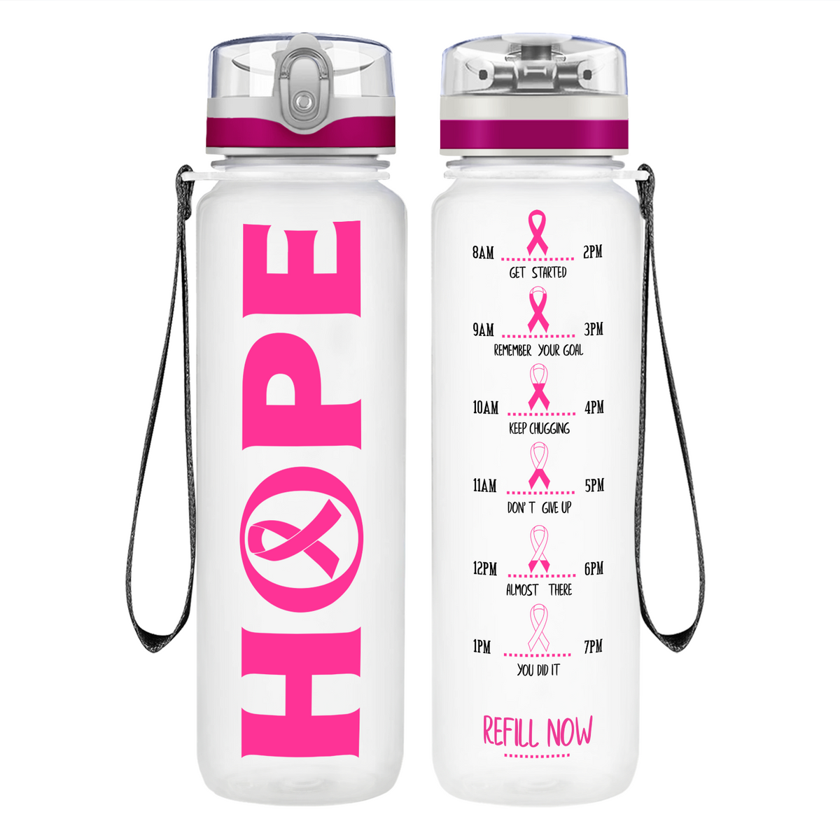Hope on 32 oz Motivational Tracking Breast Cancer Awareness Water Bottle