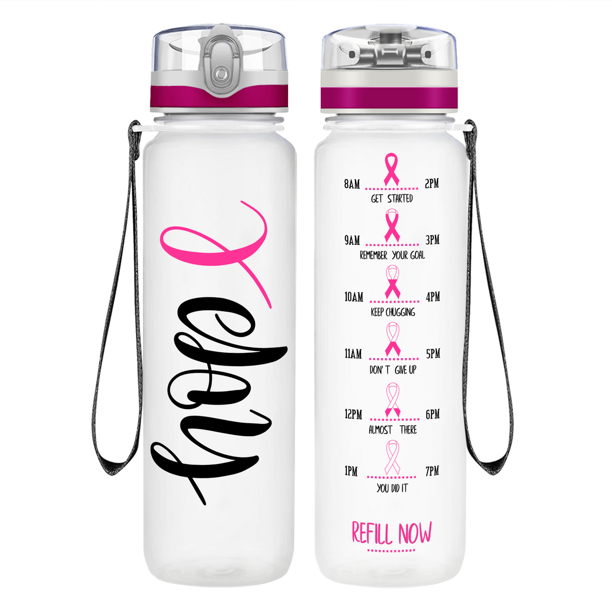 Hope Pink Ribbon on 32 oz Motivational Tracking Breast Cancer Awareness Water Bottle