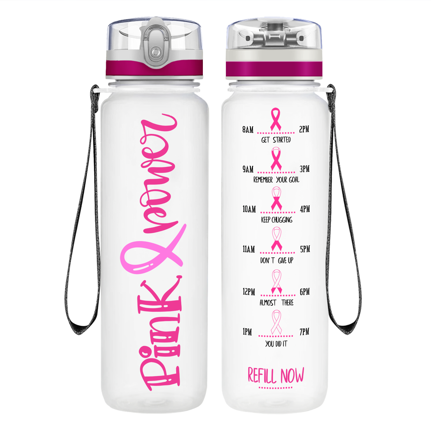 Pink Power on 32 oz Motivational Tracking Breast Cancer Awareness Water Bottle