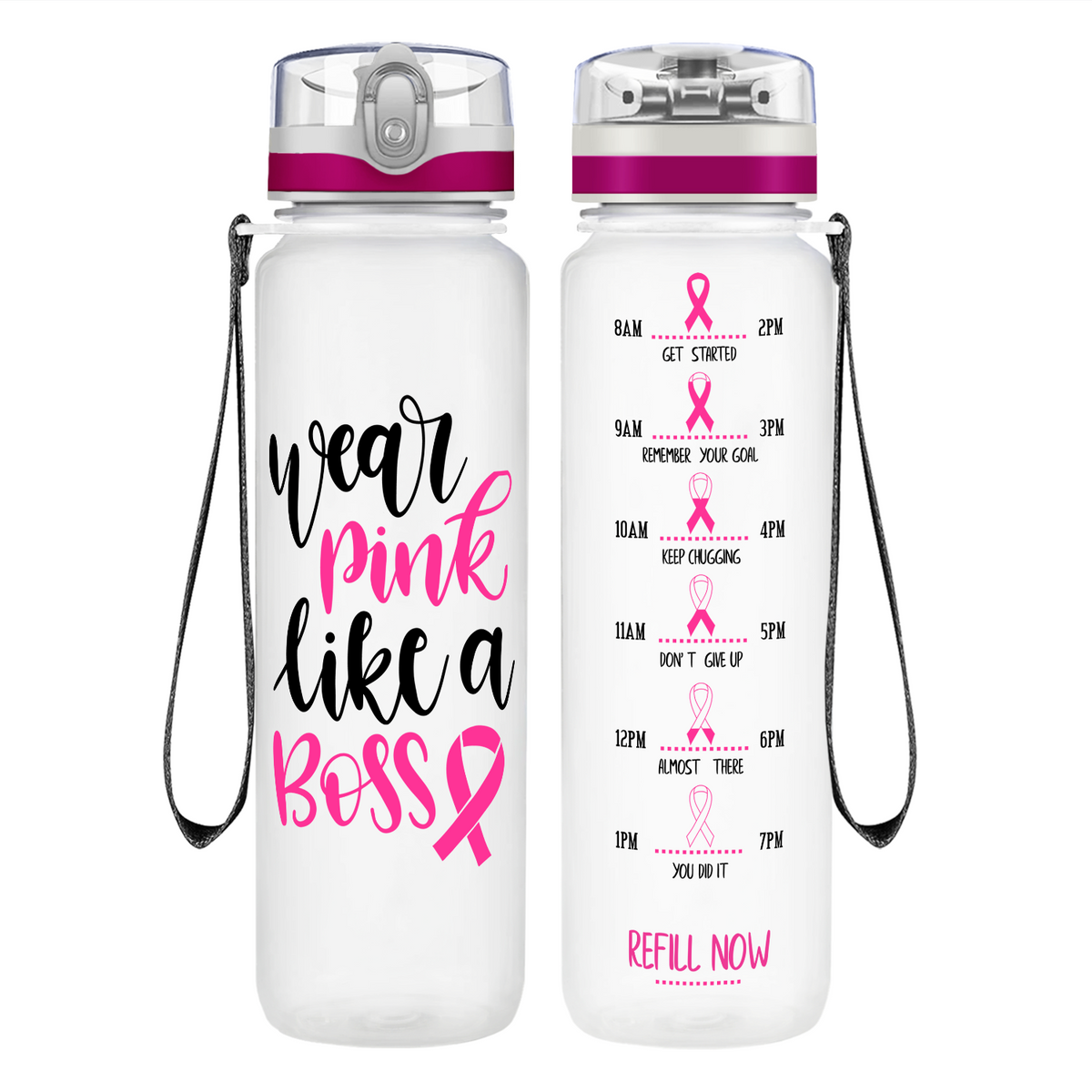 Wear Pink Like a Boss on 32 oz Motivational Tracking Breast Cancer Awareness Water Bottle