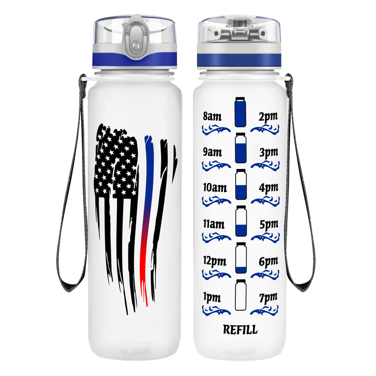 Wavy Blue Red Thin Line Flag on 32 oz Motivational Tracking Water Bottle