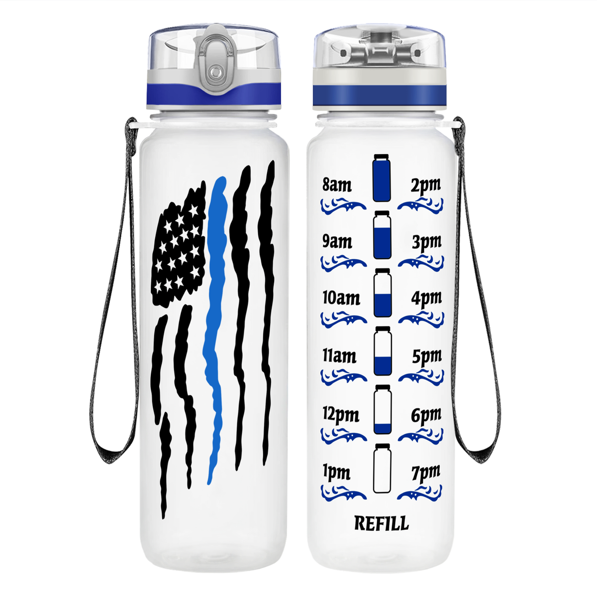 Thin Blue Line Police Flag on 32 oz Motivational Tracking Water Bottle