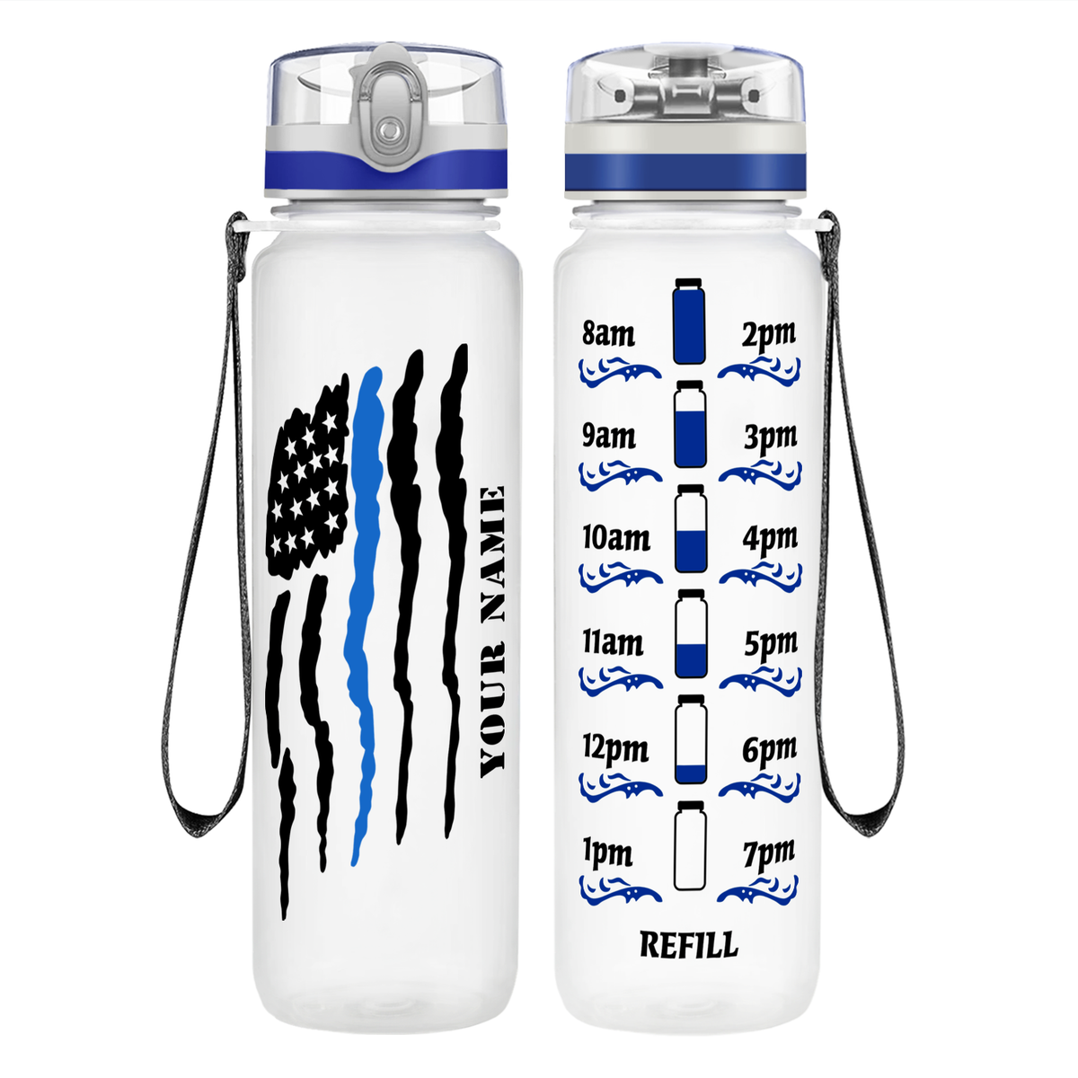 Personalized Thin Blue Line Police Flag on 32 oz Motivational Tracking Water Bottle
