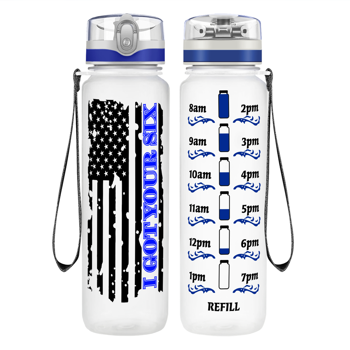 I Got Your Six Distressed Thin Blue Line Flag on 32 oz Motivational Tracking Water Bottle