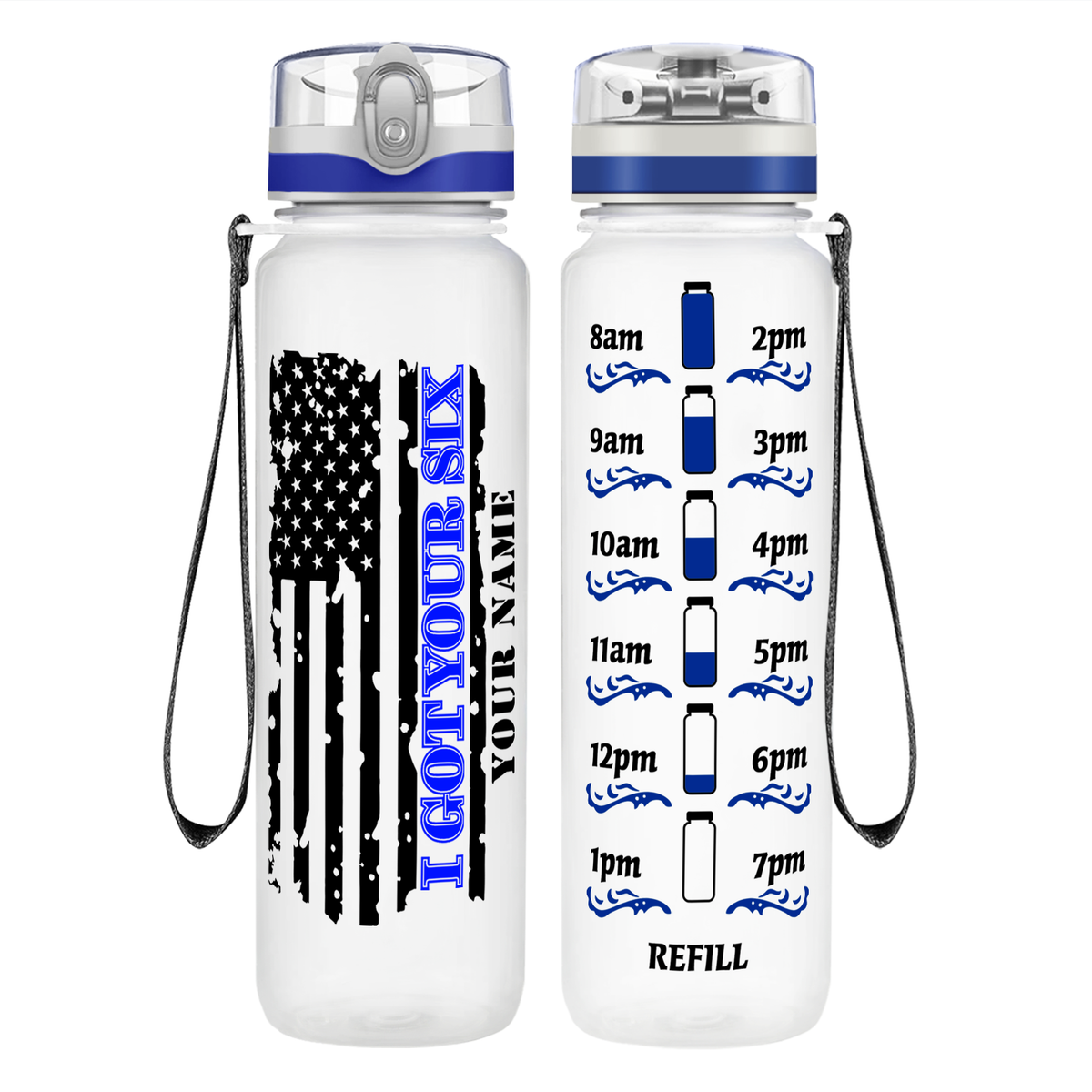 Personalized I Got Your Six Distressed Thin Blue Line Flag on 32 oz Motivational Tracking Water Bottle