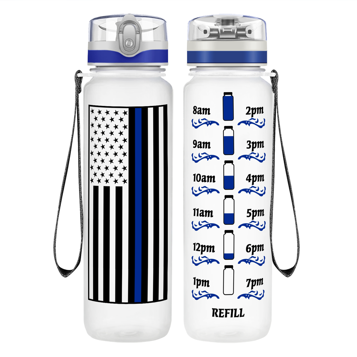 Thin Blue Line Flag on 32 oz Motivational Tracking Water Bottle