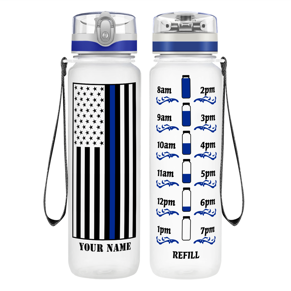 Personalized Thin Blue Line Flag on 32 oz Motivational Tracking Water Bottle