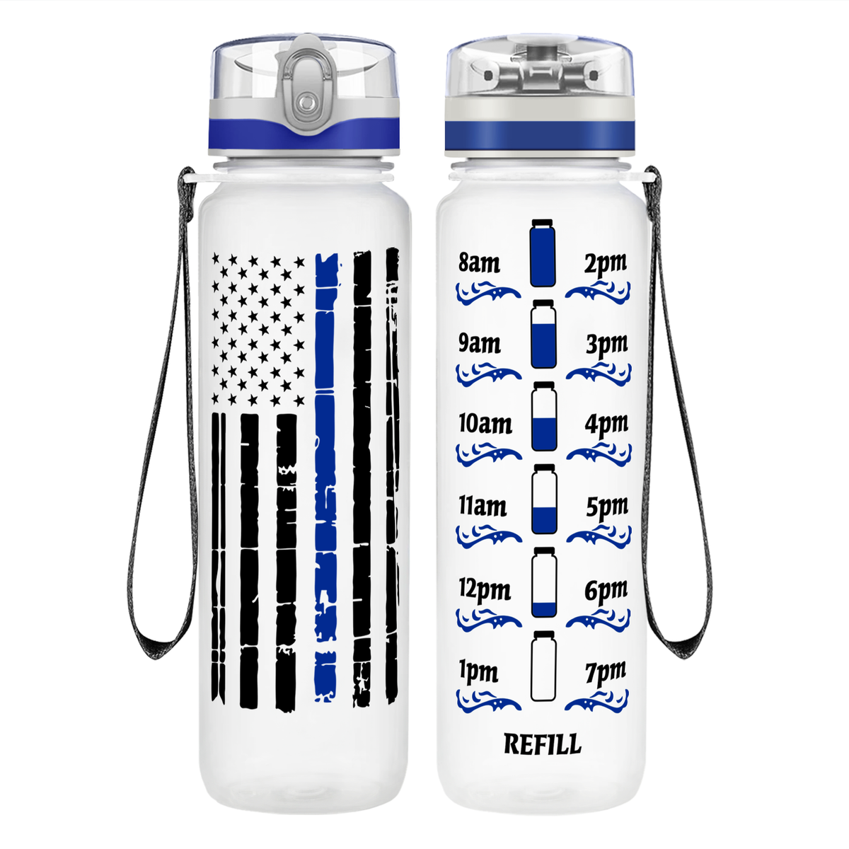 Distressed Thin Blue Line Flag on 32 oz Motivational Tracking Water Bottle