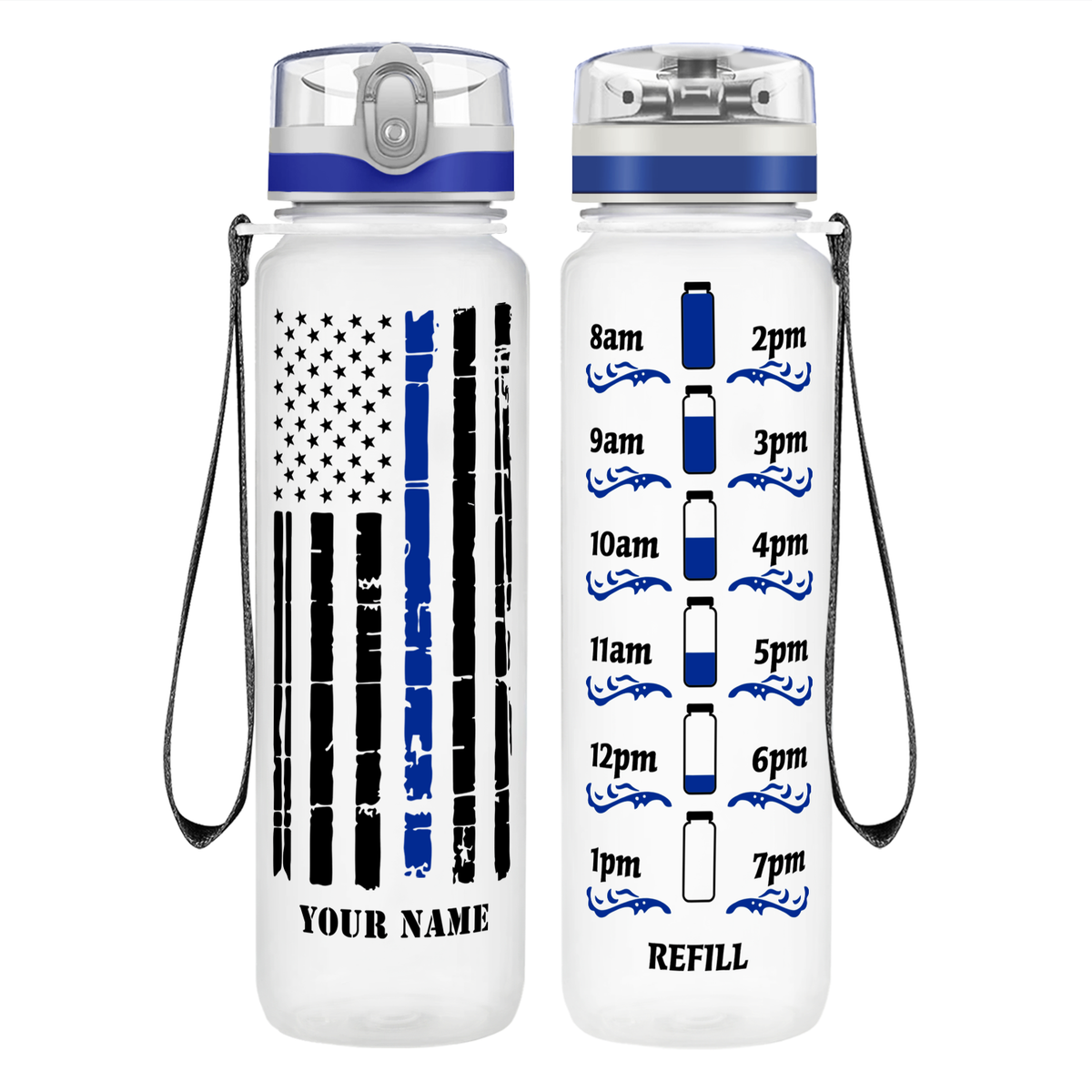 Personalized Distressed Thin Blue Line Flag on 32 oz Motivational Tracking Water Bottle