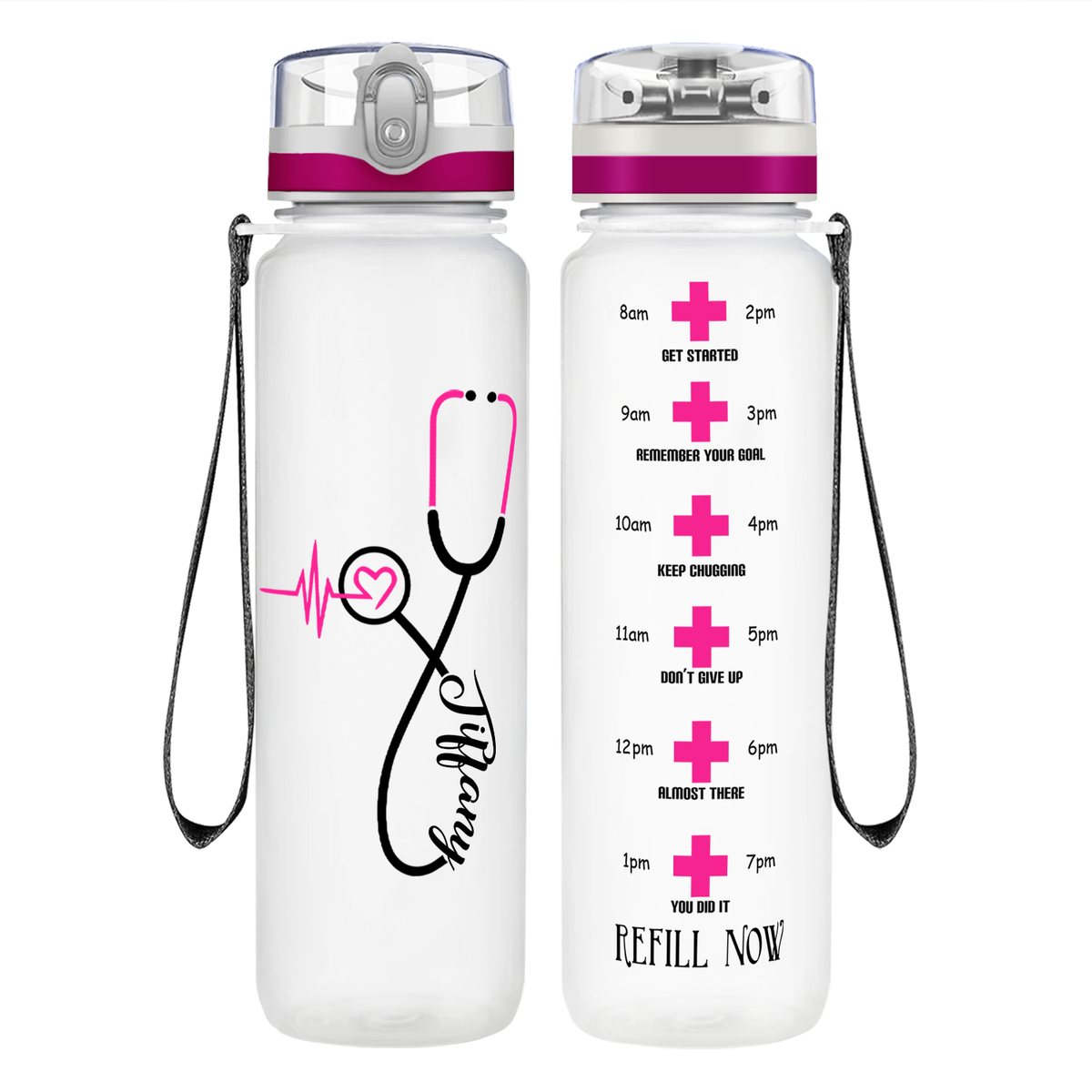 Personalized Nurse Pink Heart Stethoscope on 32oz Tracking Water Bottle