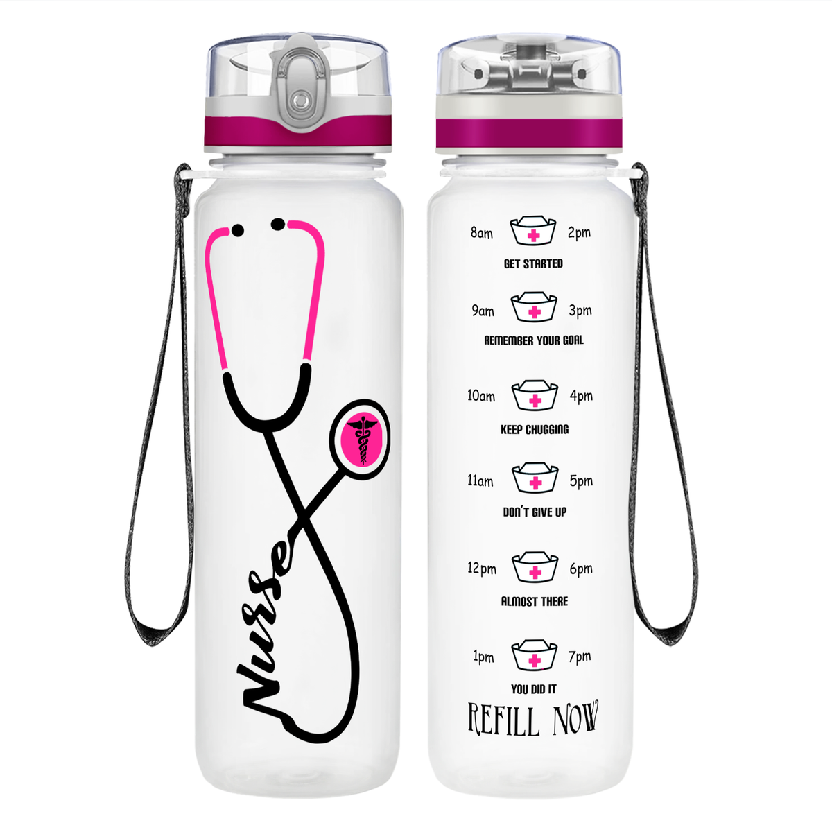 Personalized Nurse Pink Stethoscope on 32oz Motivational Tracking Water Bottle