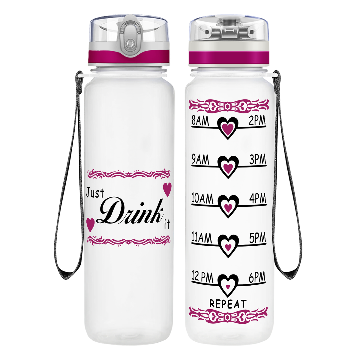 Just Drink It Heart on 32 oz Motivational Tracking Water Bottle