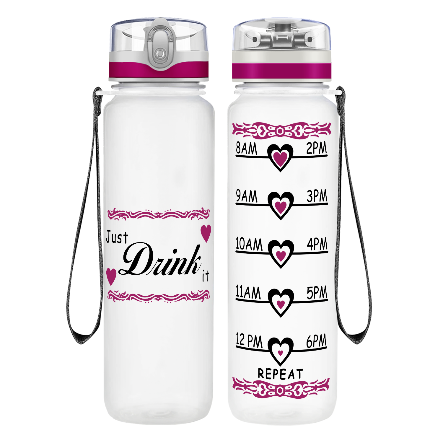 Just Drink It Heart on 32 oz Motivational Tracking Water Bottle