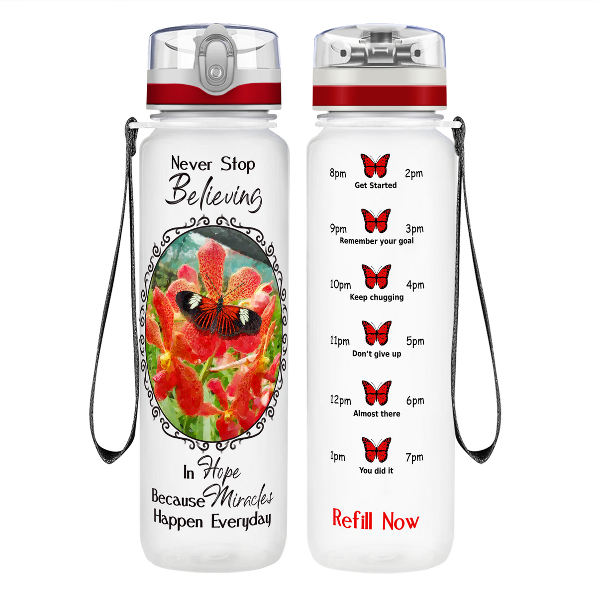 Because Miracles Butterfly on 32 oz Motivational Tracking Water Bottle