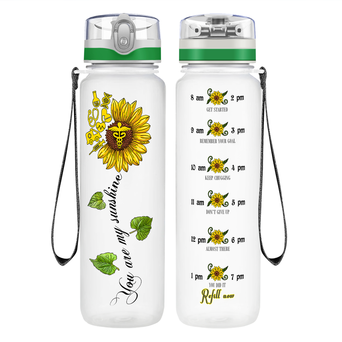 Nurse My Sunshine Sunflower on 32oz Motivational Tracking Water Bottle