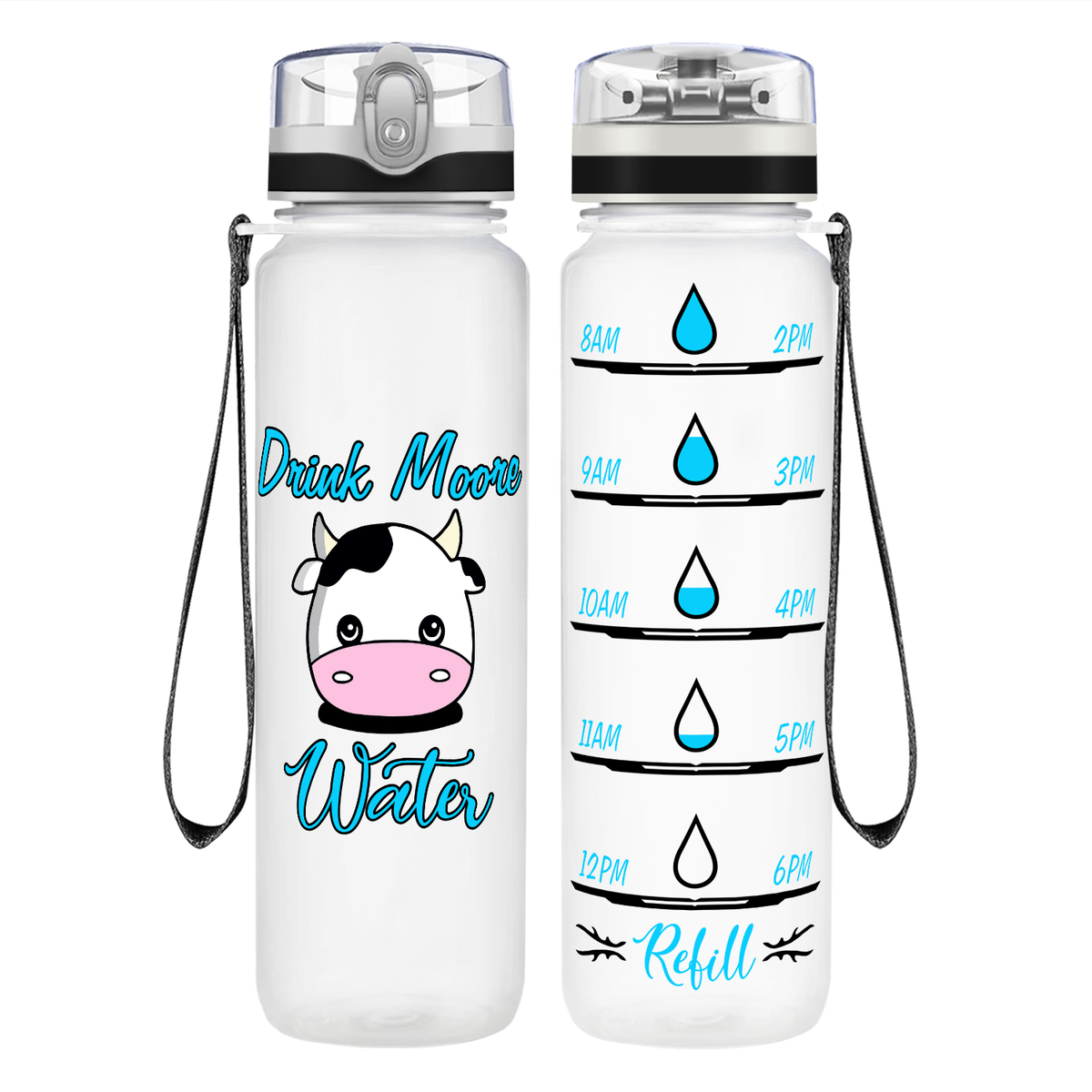 Drink Moo Water on 32 oz Motivational Tracking Water Bottle