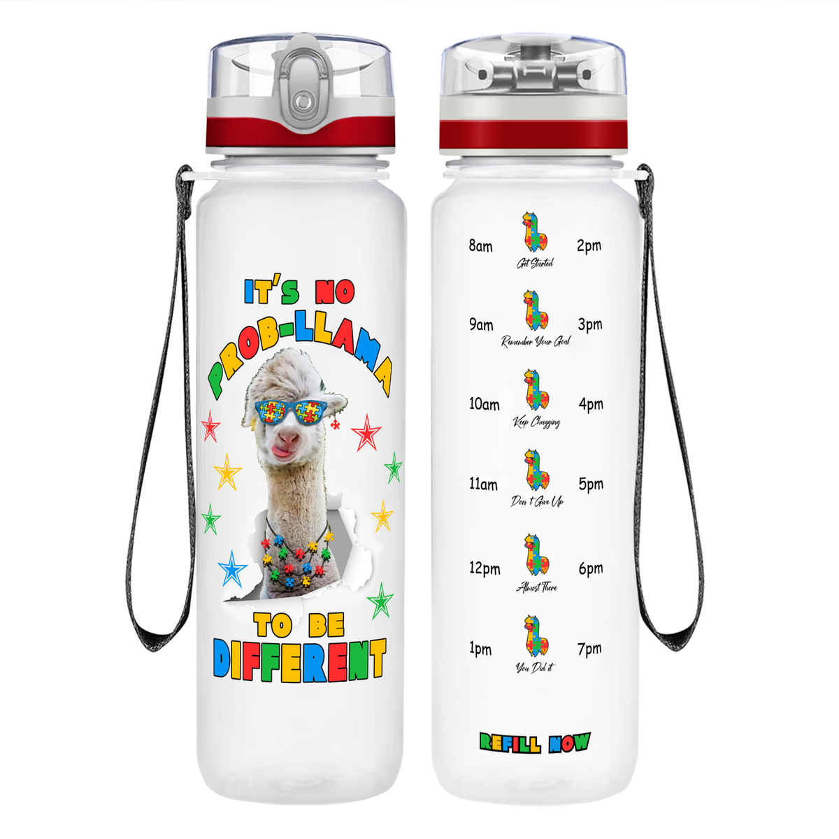 No Prob-llama Autism Stars on 32 oz Motivational Tracking Water Bottle