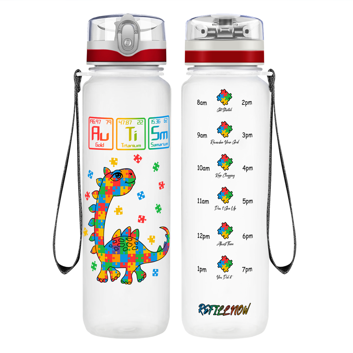 Scientific Autism Dinosaur Puzzle on 32 oz Motivational Tracking Water Bottle