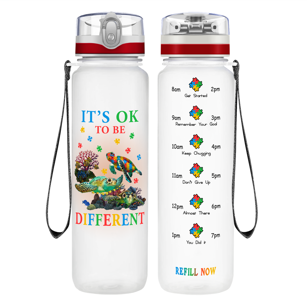 Okay To Be Different Autism Turtle on 32 oz Motivational Tracking Water Bottle