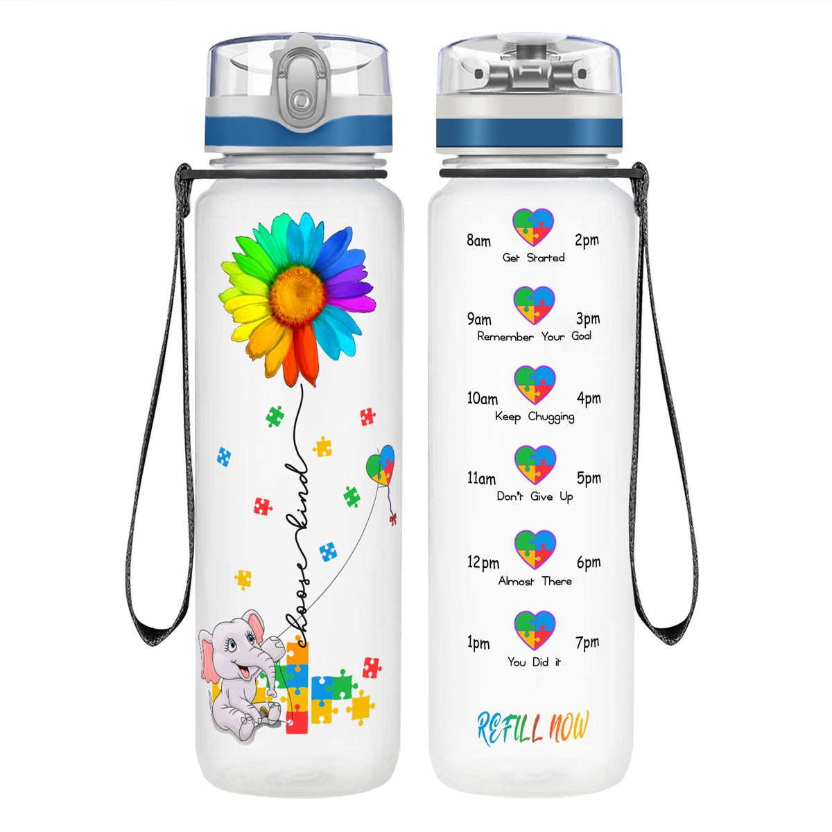 Autism Elephant Kindness Kite on 32 oz Motivational Tracking Water Bottle