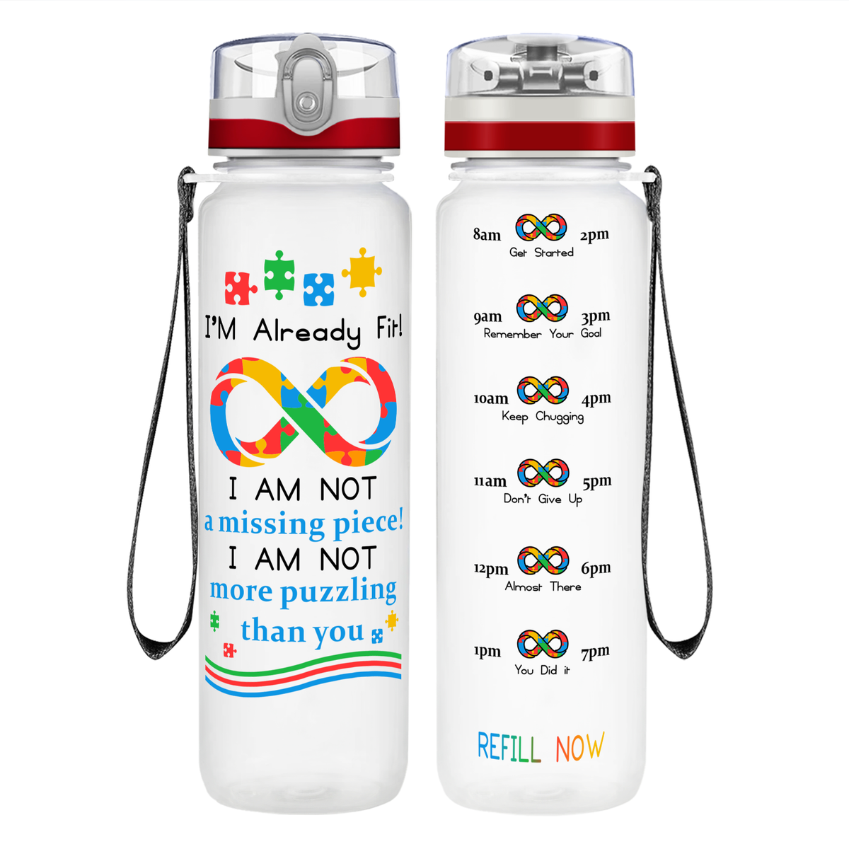 Already Fit Autism Infinity Puzzle on 32 oz Motivational Tracking Water Bottle