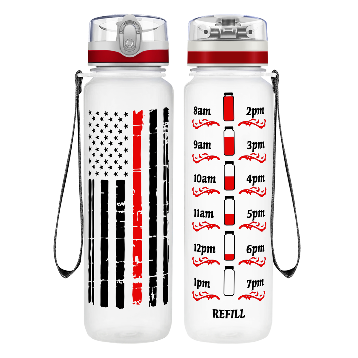 Distressed Thin Red Line Flag on 32 oz Motivational Tracking Water Bottle