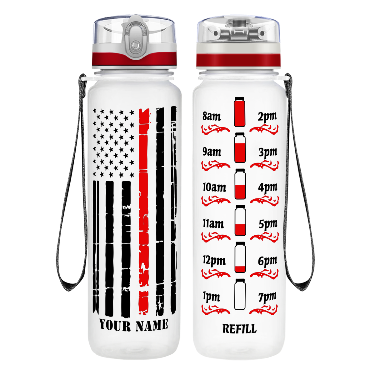 Personalized Distressed Thin Red Line Flag on 32 oz Motivational Tracking Water Bottle