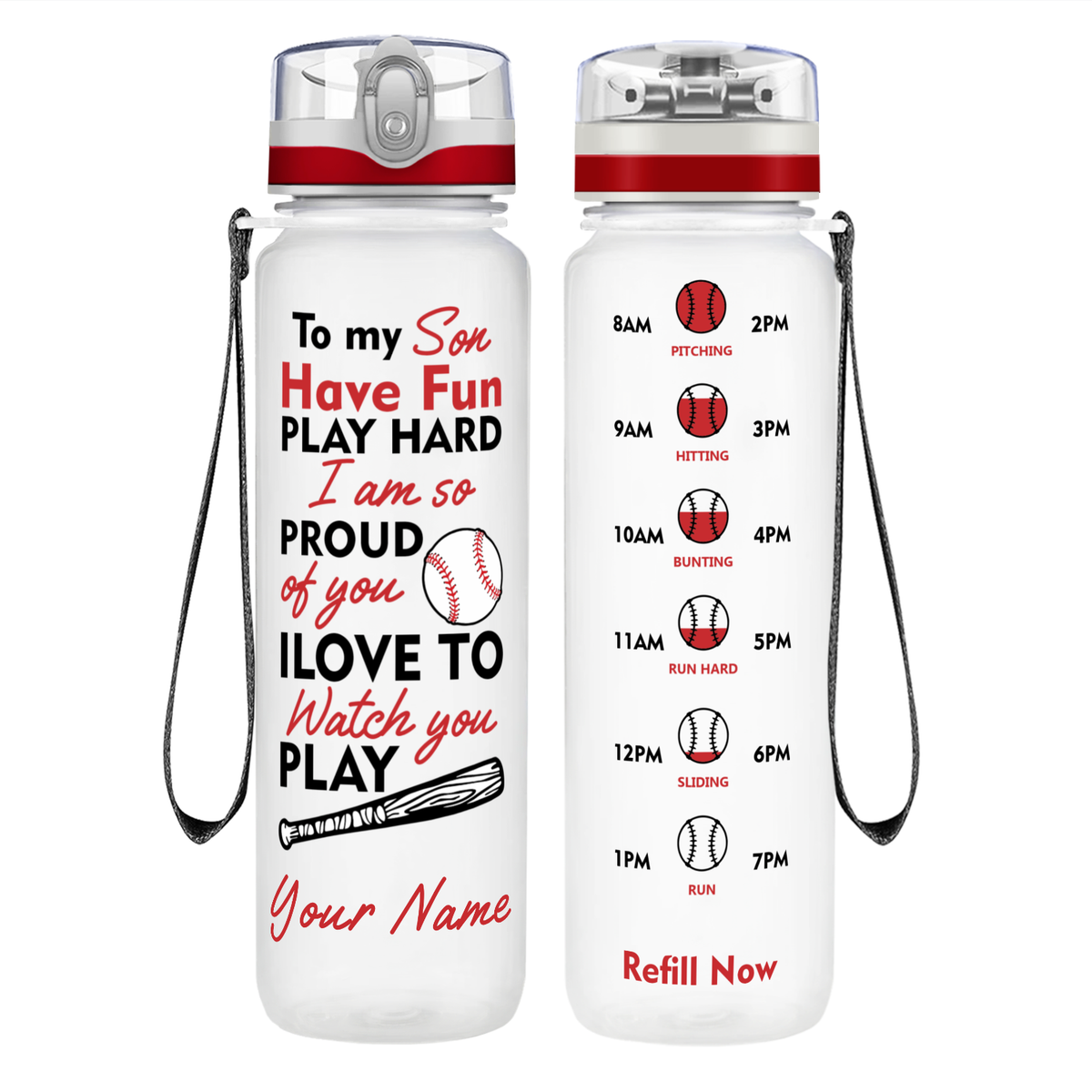 Personalized Play Hard Son Baseball on 32 oz Motivational Tracking Water Bottle