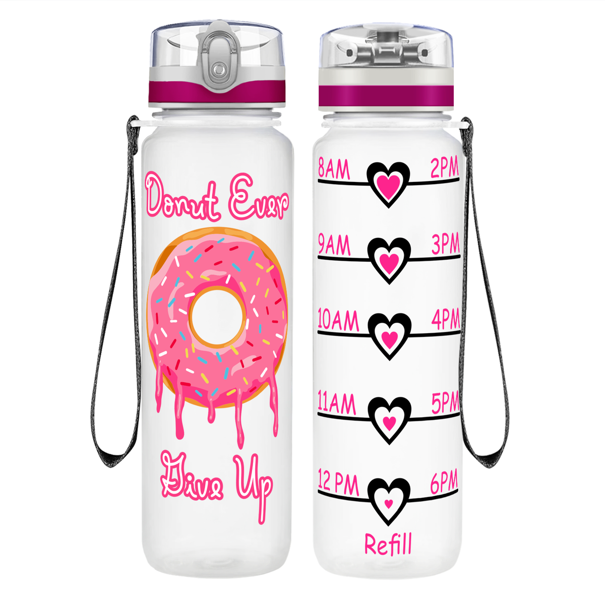 Donut Ever Give Up on 32 oz Motivational Tracking Water Bottle